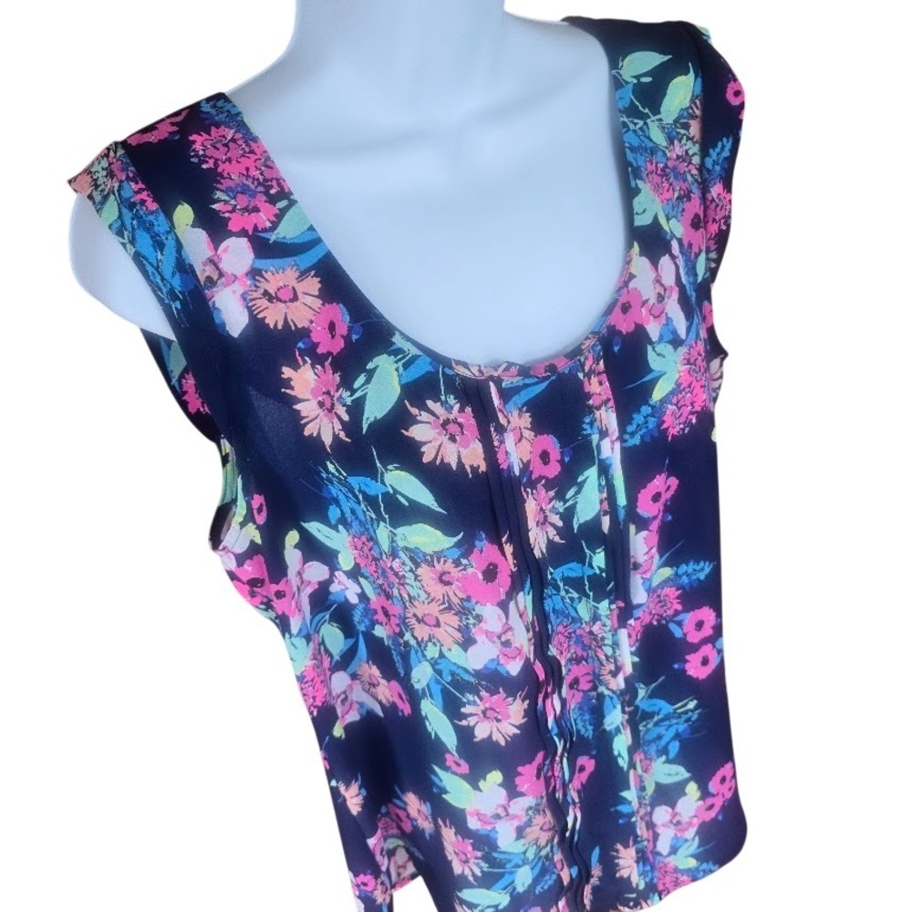 Candie's Floral Blouse Women Large‎ Navy Pink Boho Cottagecore Summer Tank Top